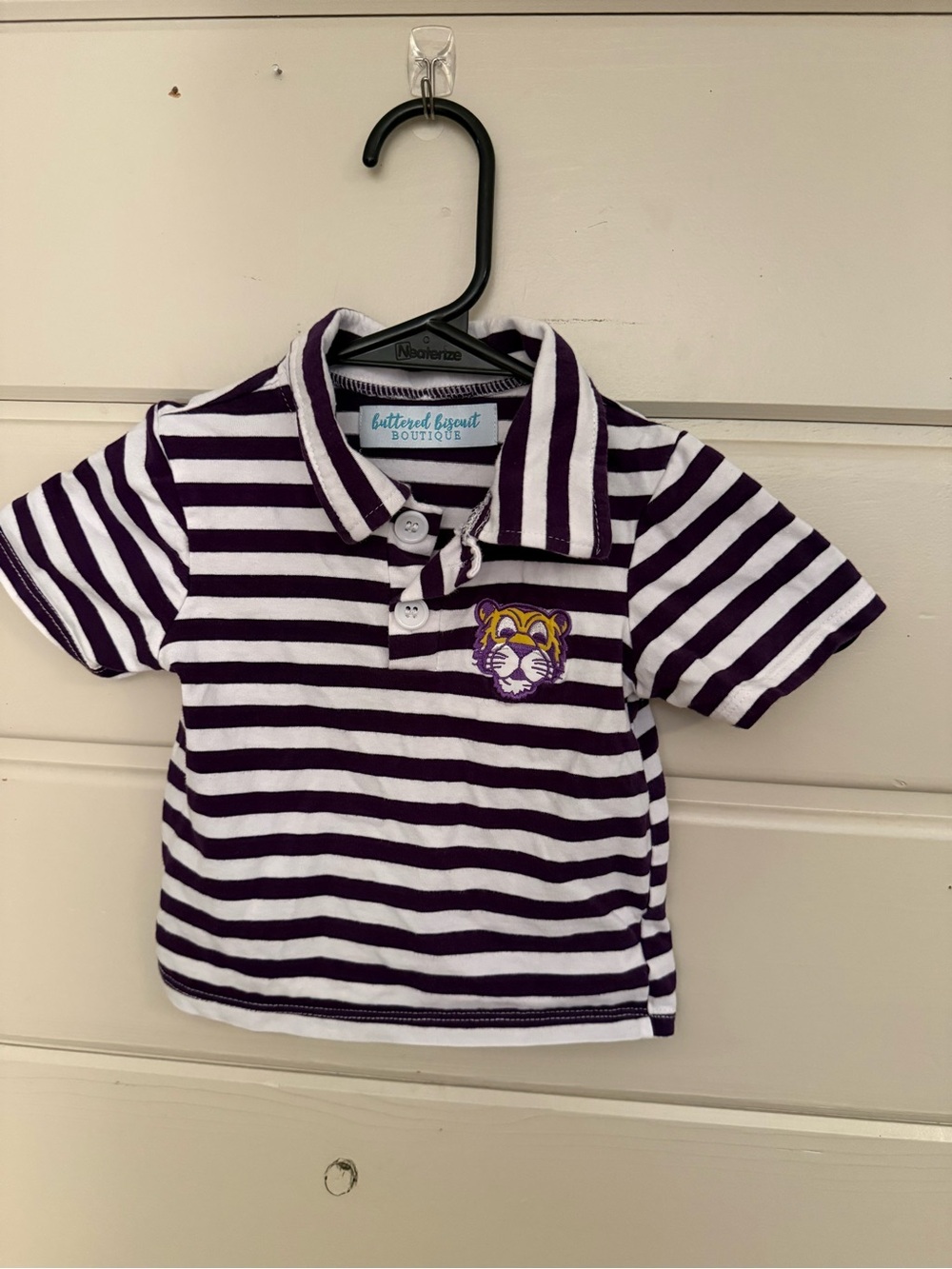 LSU TIGERS. Purple & White Striped Polo Shirt for Kids. 6-12 months